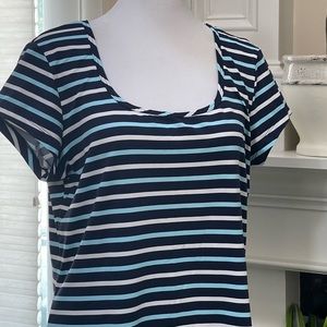 J. McLaughlin Blue White Stripes Tee Sz L Soft Nylon Spandex Short Sleeves Top